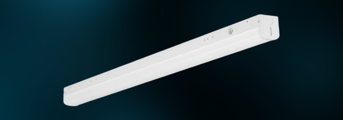 White dual selectable LED strip light fixture shown on a dark blue background